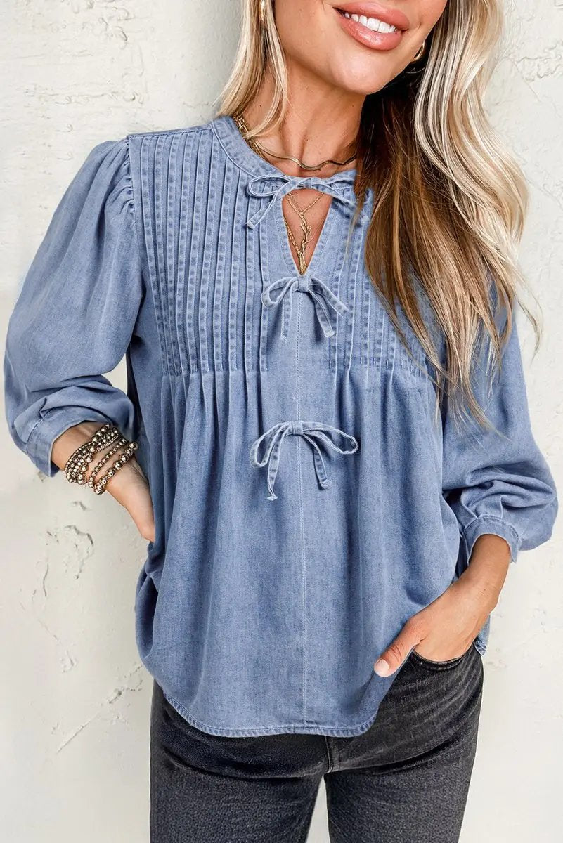 Myosotis Denim Front Pintuck Bow Tie Puff Sleeve Top - Love Salve